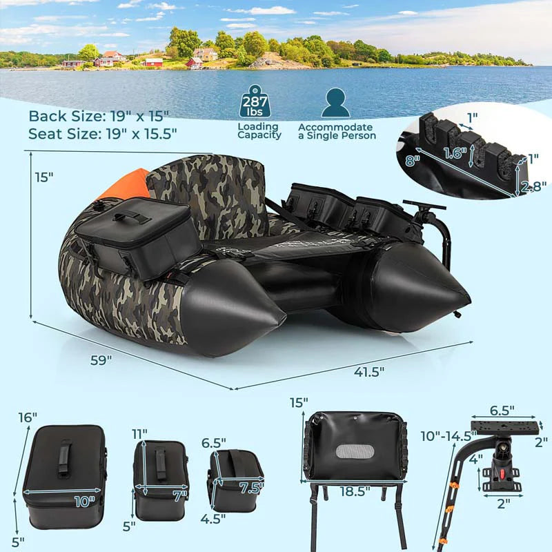 Inflatable Fishing Float Tube, 350LBS Portable Belly Boat with Rod Rack Basket, Fish Finder Holder - Product image 9