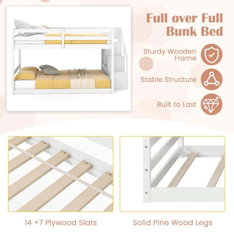 Full Over Full Bunk Bed with Storage Stairs, Solid Wood Floor Bunk Bed with Full-Length Guardrails - Product image 6