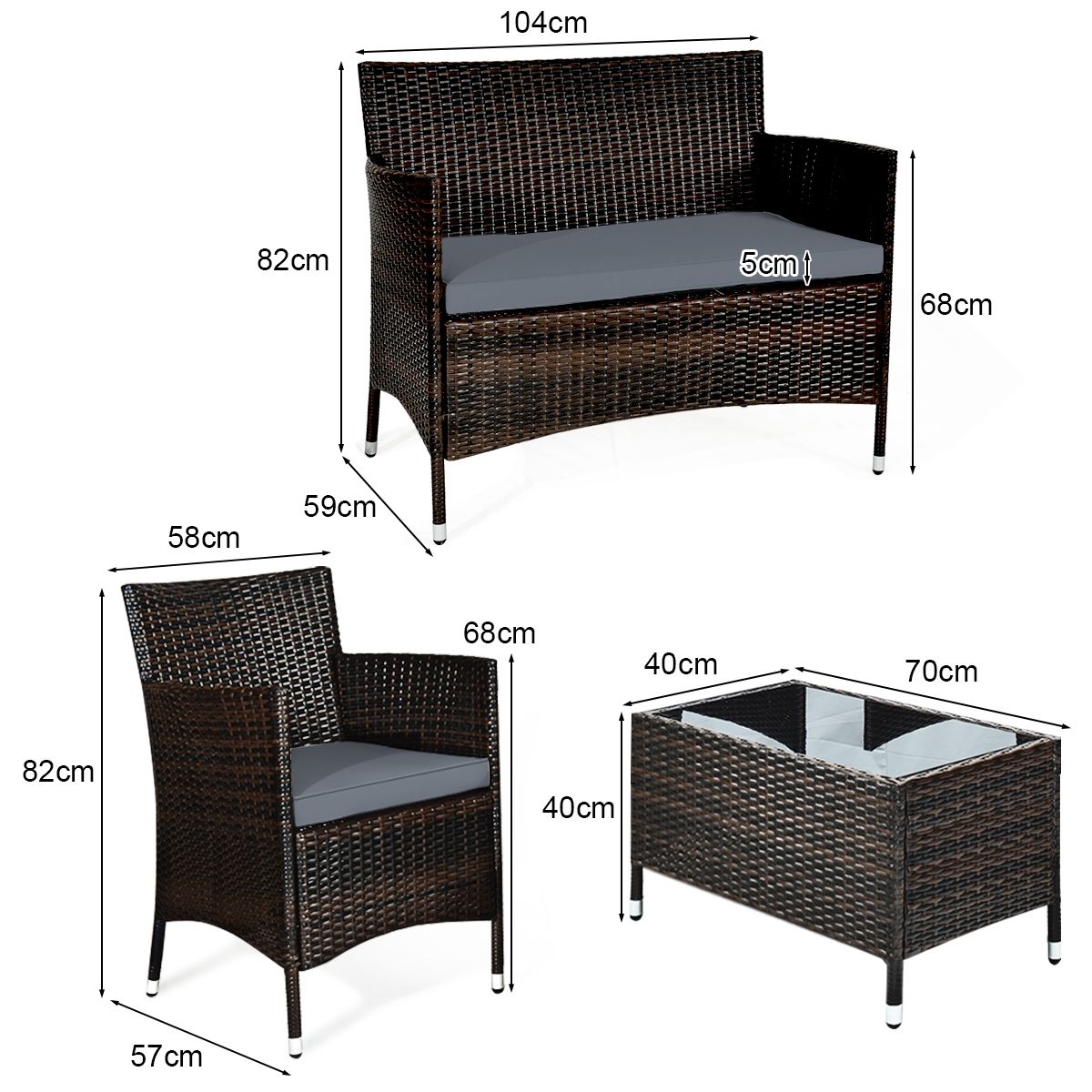 Garden Furniture 4 PCS PE Rattan Terrace Furniture for Veranda Patio Terrace Swimming Pool Brown and Gray -