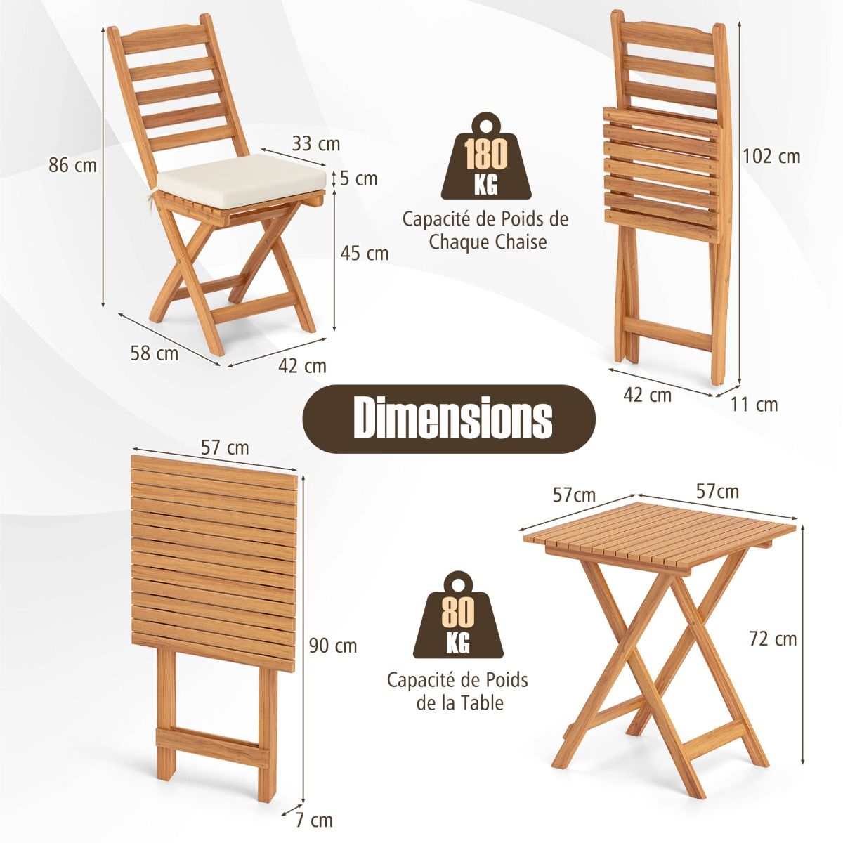 Acacia Wood Outdoor Bistro Set Folding Chairs and Table Set High Back Armless Seat Cushions White -