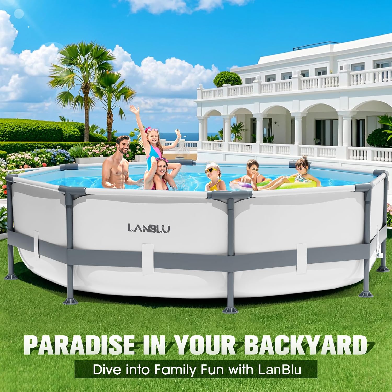 Round Tubular Swimming Pool 300 x 300 x 76cm, Round Above Ground Swimming Pool with Puncture-Proof Material, Large Steel Frame Swimming Pools for Adults Quick Draining, Garden Tubular Swimming Pools for the Whole Family