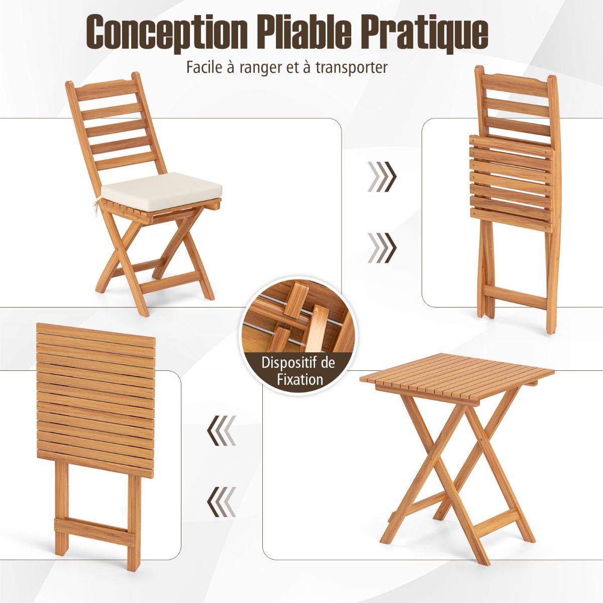 Acacia Wood Outdoor Bistro Set Folding Chairs and Table Set High Back Armless Seat Cushions White -