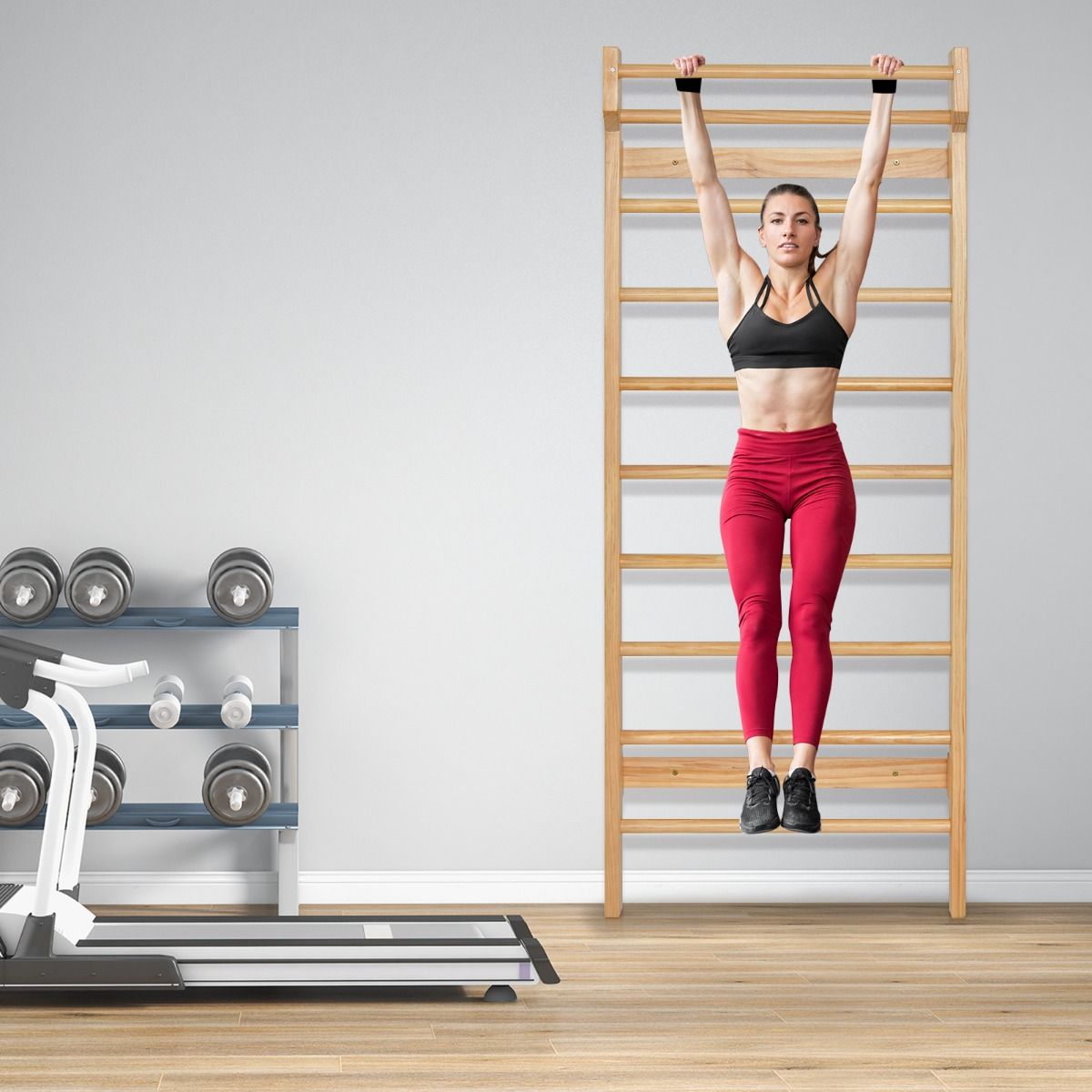 Wall-mounted wall bars Gymnastics wall bars Capacity 150 kg Bar diameter 3.3 cm in pine wood 195x80x14cm Natural -