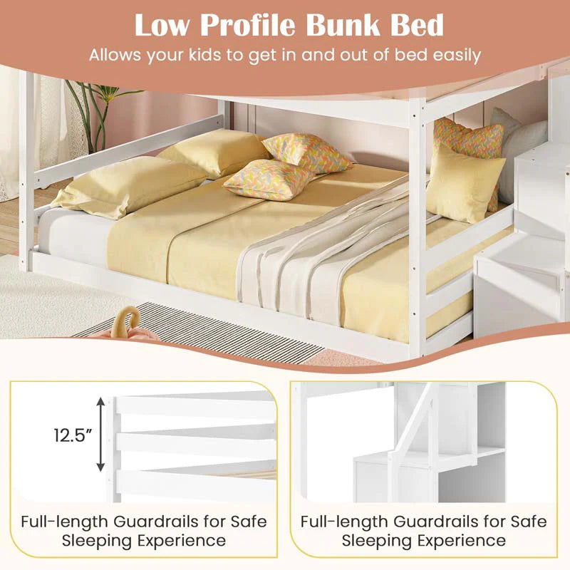 Full Over Full Bunk Bed with Storage Stairs, Solid Wood Floor Bunk Bed with Full-Length Guardrails - Product image 7
