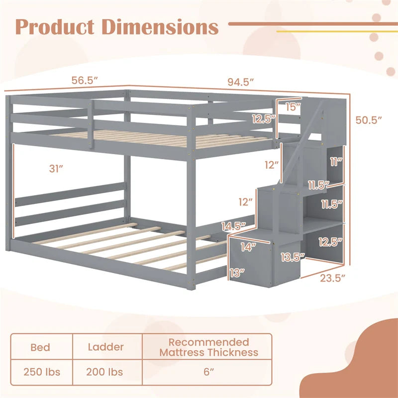 Full Over Full Bunk Bed with Storage Stairs, Solid Wood Floor Bunk Bed with Full-Length Guardrails - Product image 18