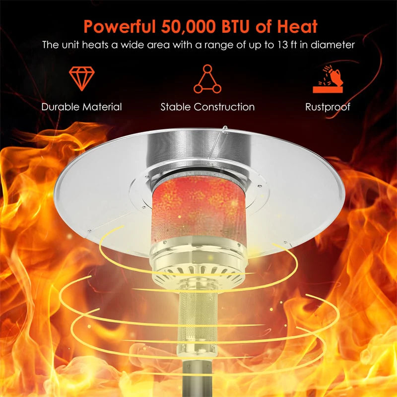 50, 000 BTU Propane Patio Heater, Standing Stainless Steel Outdoor Heater with Wheels, Triple Protection - Product image 31