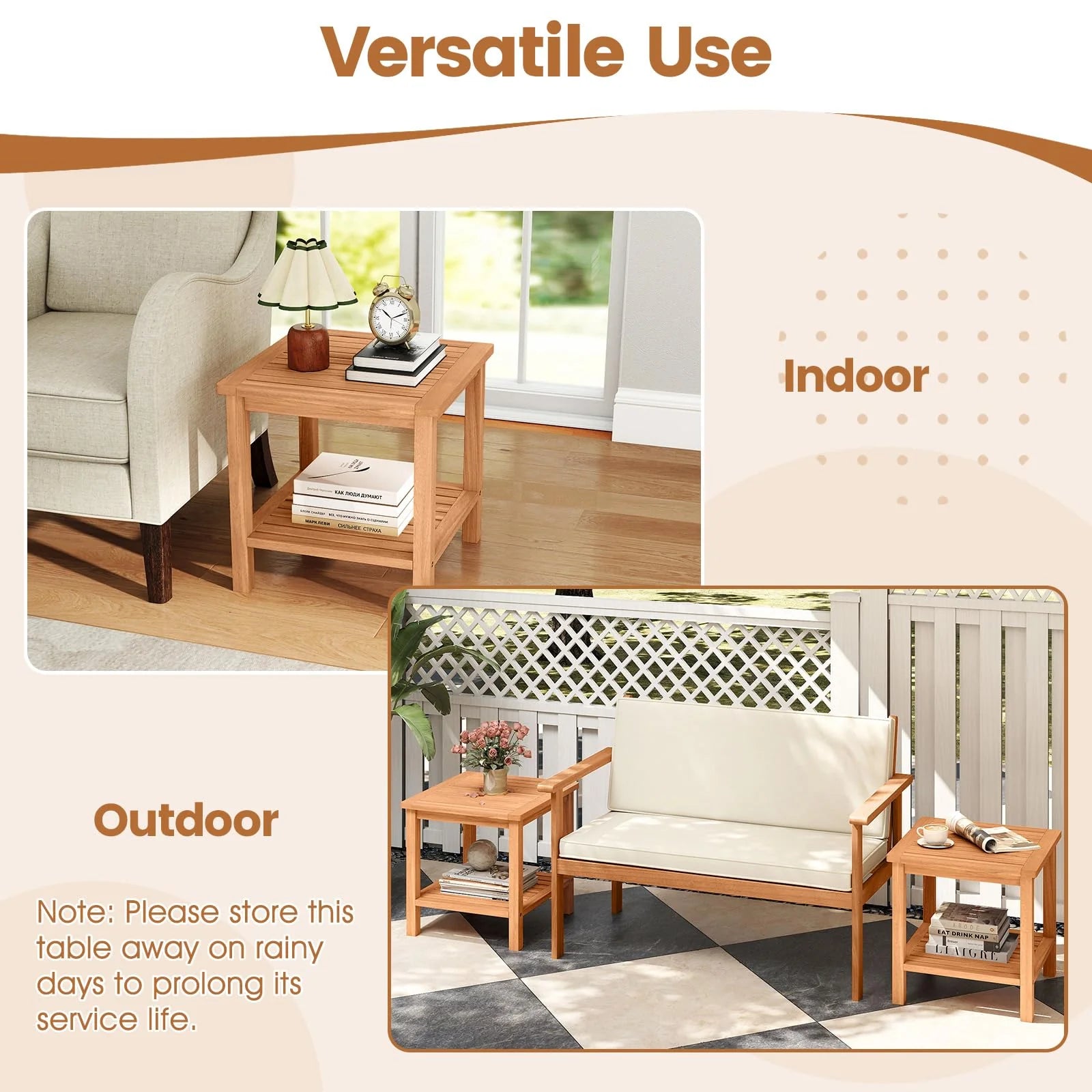 Tangkula 2 Tier Acacia Wood Square End Table with Slatted Tabletop & Storage Shelf - Product image 7