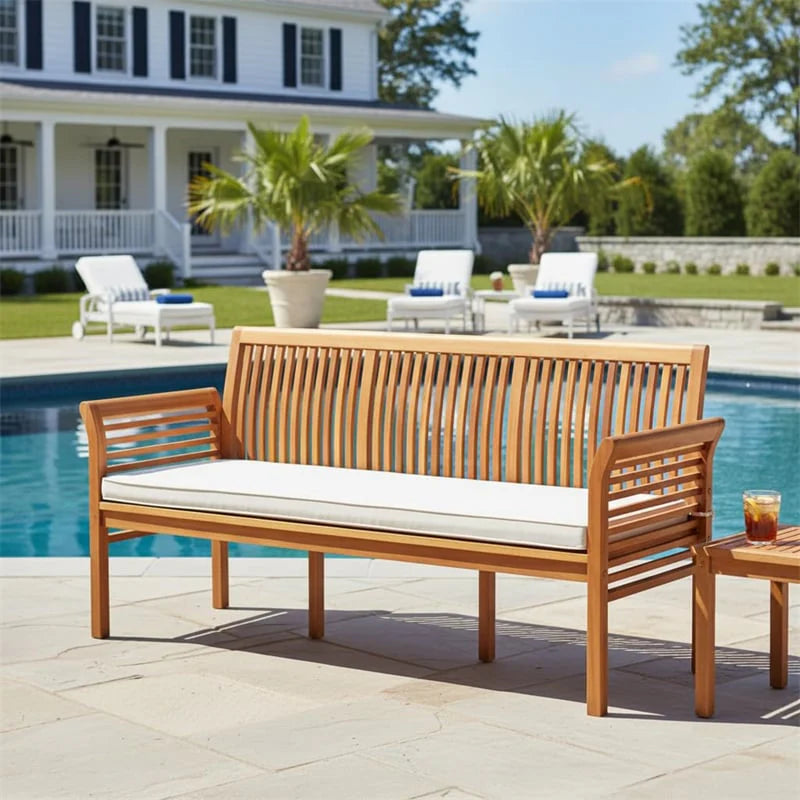 62.5" Outdoor Acacia Wood Bench with Removable Cushion, 3-Person Patio Garden Bench with High Backrest & - Product image 2