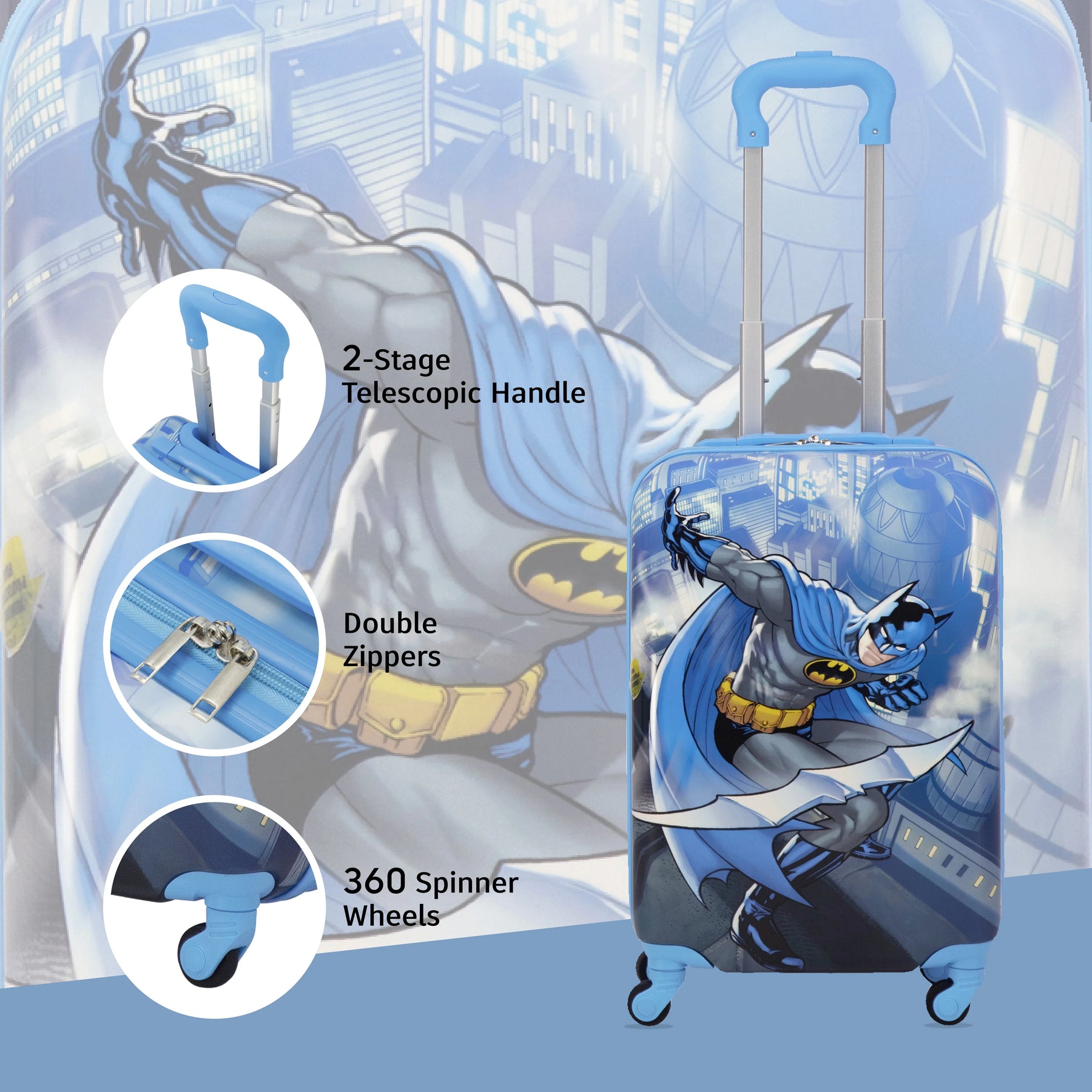 DC Comics Batman 21 in Kids Rolling Luggage, Hardshell Carry on Suitcase with Wheels, Blue