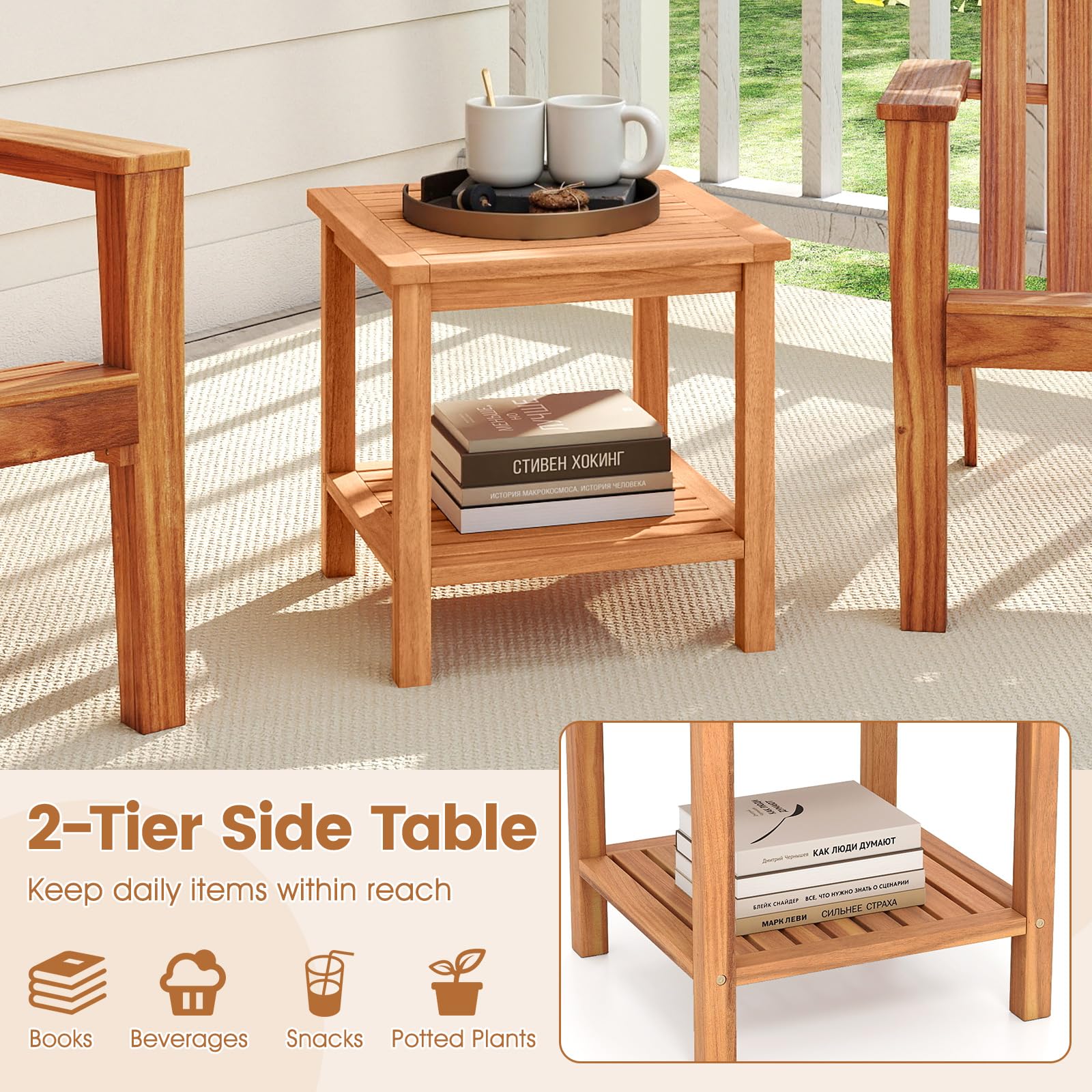 Tangkula 2 Tier Acacia Wood Square End Table with Slatted Tabletop & Storage Shelf - Product image 6