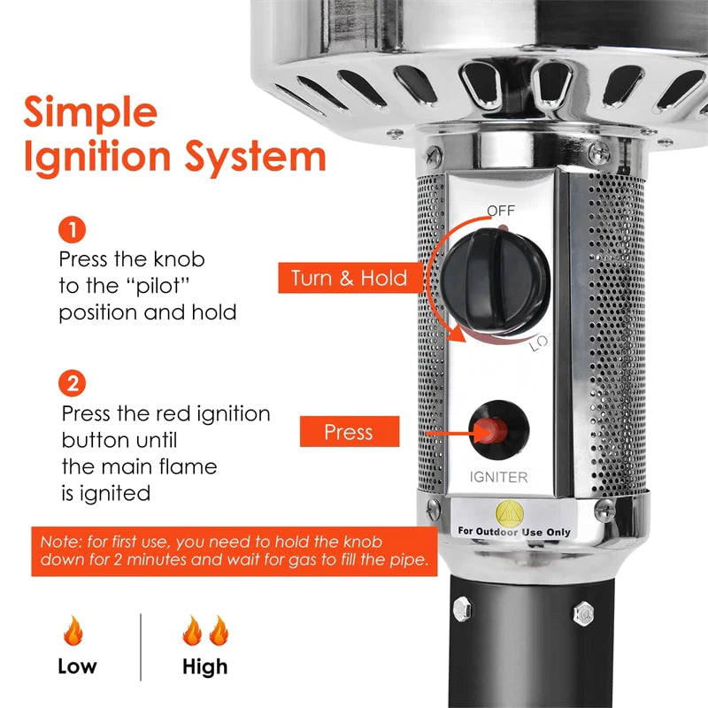 50, 000 BTU Propane Patio Heater, Standing Stainless Steel Outdoor Heater with Wheels, Triple Protection - Product image 35