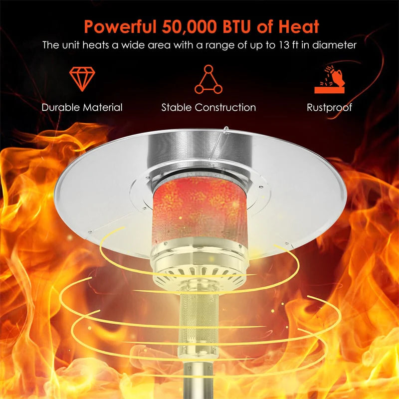50, 000 BTU Propane Patio Heater, Standing Stainless Steel Outdoor Heater with Wheels, Triple Protection - Product image 42