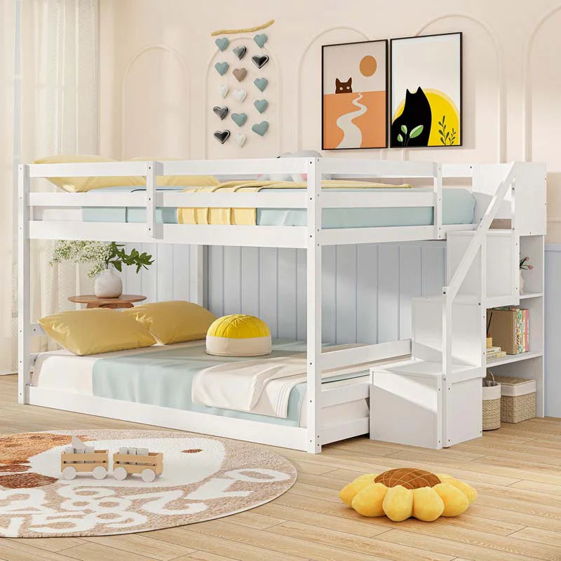 Full Over Full Bunk Bed with Storage Stairs, Solid Wood Floor Bunk Bed with Full-Length Guardrails - Product image 4