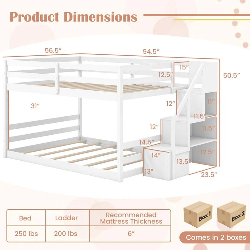 Full Over Full Bunk Bed with Storage Stairs, Solid Wood Floor Bunk Bed with Full-Length Guardrails - Product image 9